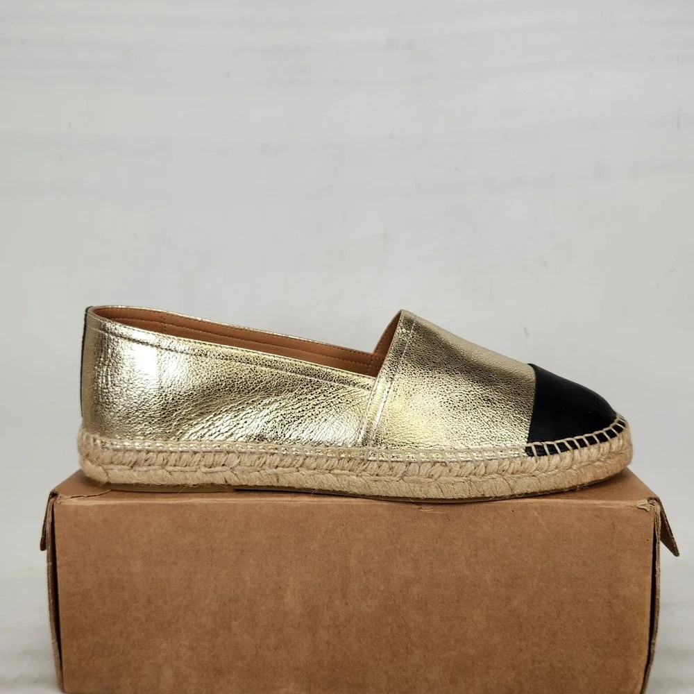 Jutelia Espadrille Flats Women Size 11 Gold Black Leather Cap Toe Slip On